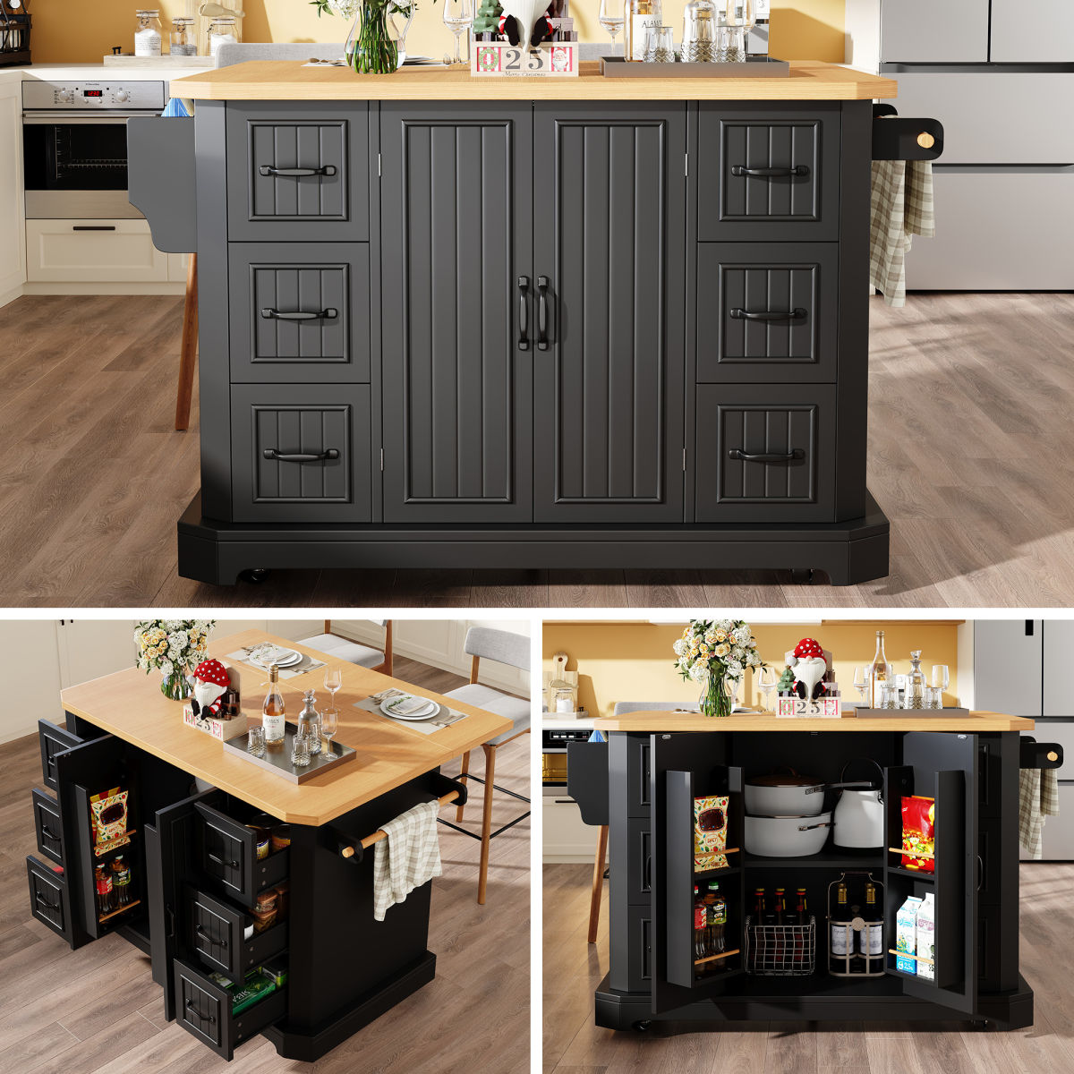 Mobile Kitchen Island Cart On Wheels - Cabinet With 2 Doors & 6 Drawers, Adjustable Width 45-75cm, White Black