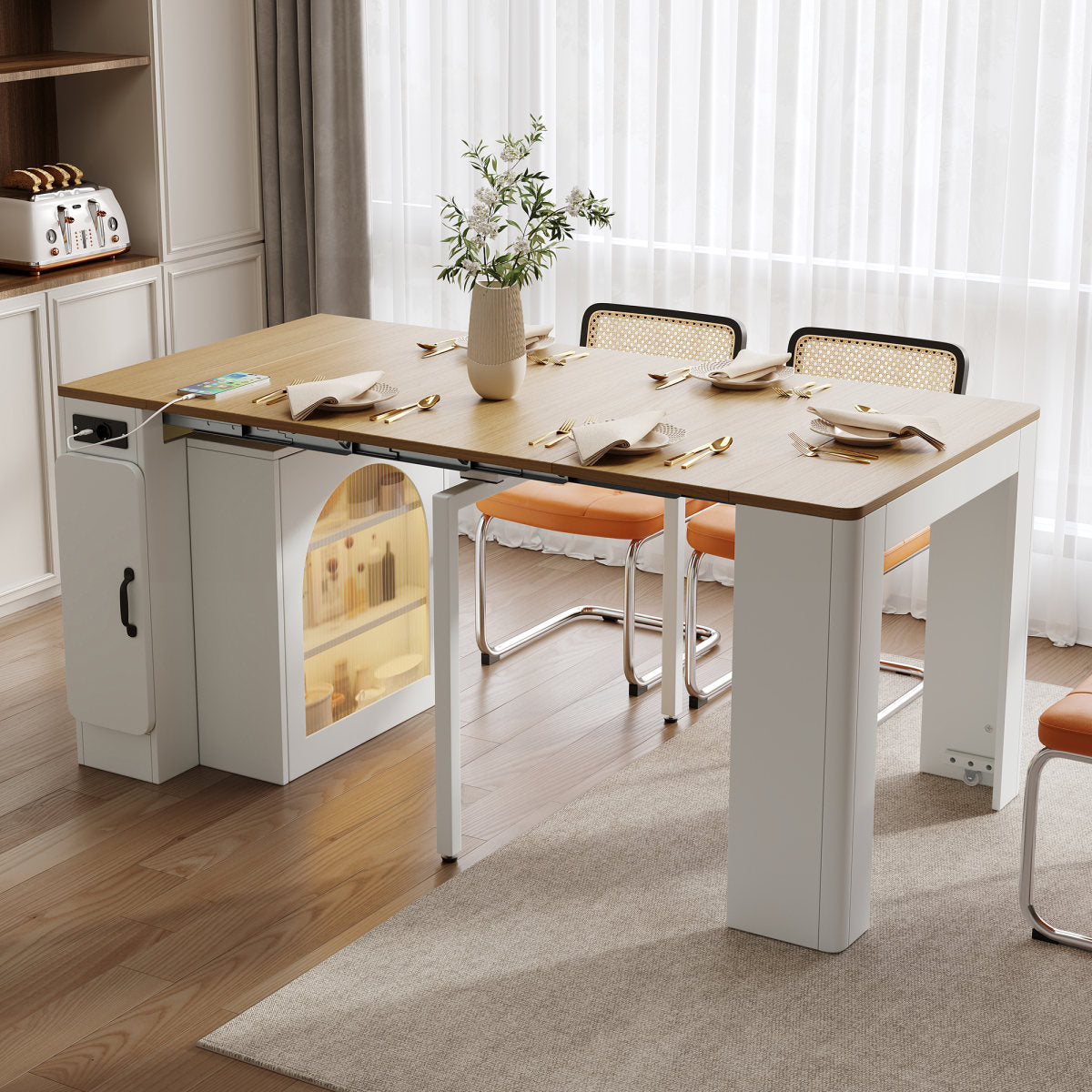 Kitchen Island With Wheels, Extendable Dining Table With Removable Table Top, Mobile Serving Trolley With Power Strips, Serves As A Sideboard, Sideboard Or Bar Table For Kitchen And Dining Room White