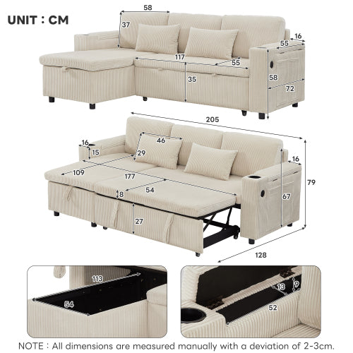 3 In 1 Convertible Corduroy Sofa Bed With Storage Chaise, L Shaped Sleeper Sofa Couches With Armrest Storage And Charging Station. Pullout Sectional Daybed For Living RoomBedroomOffice, Grey