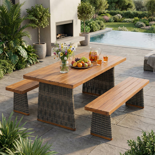 Outdoor 3 Piece Acacia Wood Dining Set With Handwoven Rattan Legs,Grey