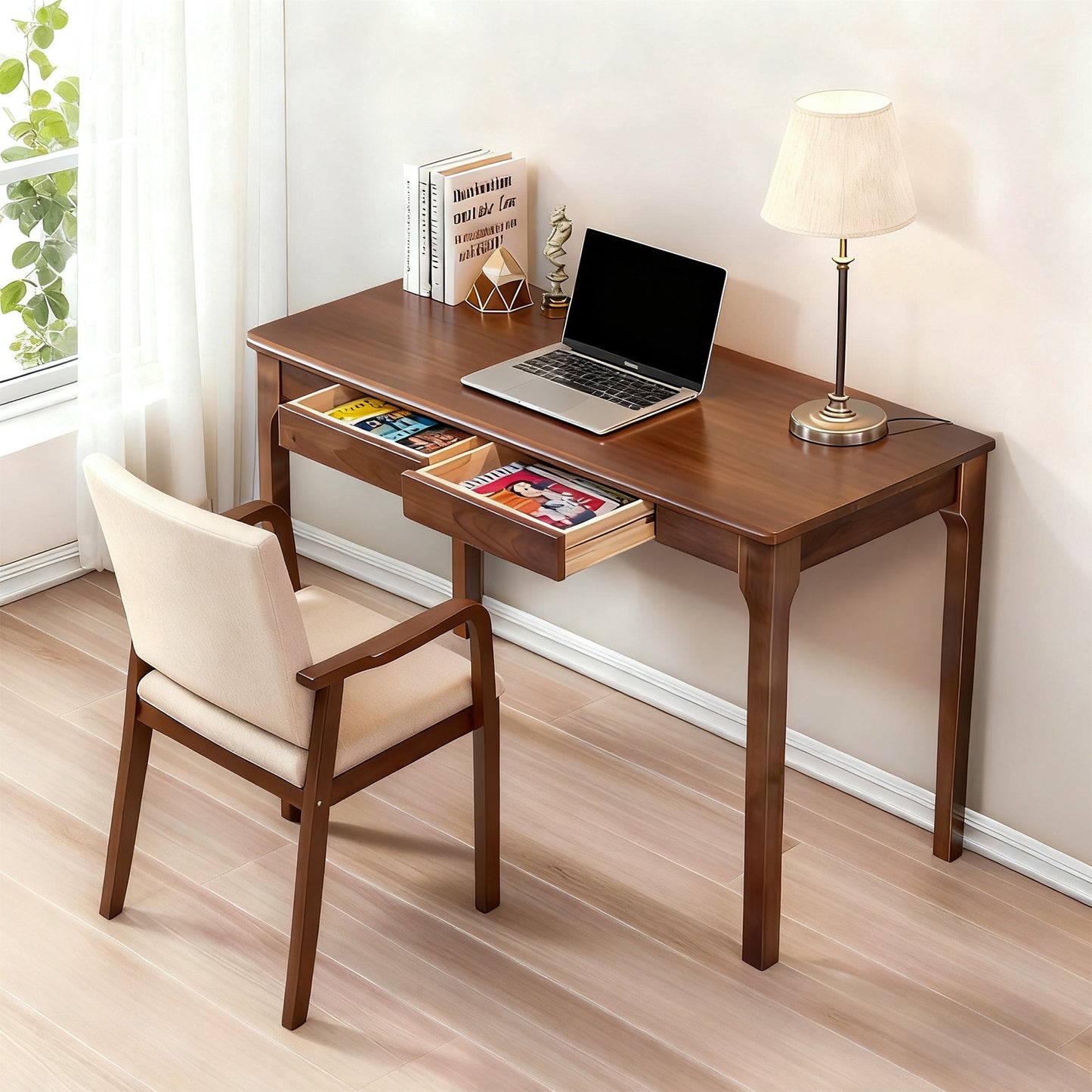 Solid Wood Desk With Drawers, Standing Desk With Smooth Edges, Home Office Desk For Small Spaces, Mid Century Modern Desk For Study, Bedroom, Living Room, Office,  Walnut, 47.24inx21.65inx29.53in