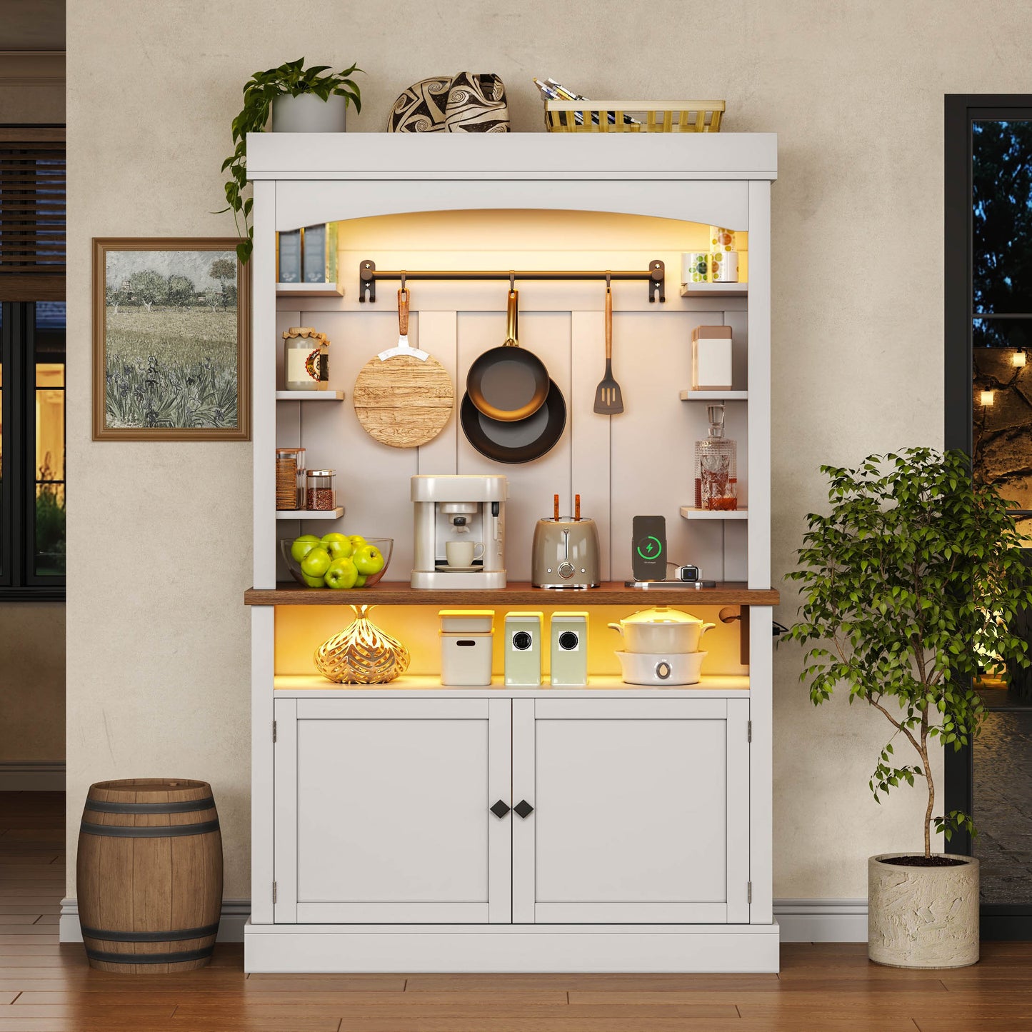 183cm Kitchen Cabinet With LED Lighting And Socket, Pantry Cabinet, Display Cabinet And Wine Cabinet With Hook For Kitchen, Dining Room, Study And Bedroom