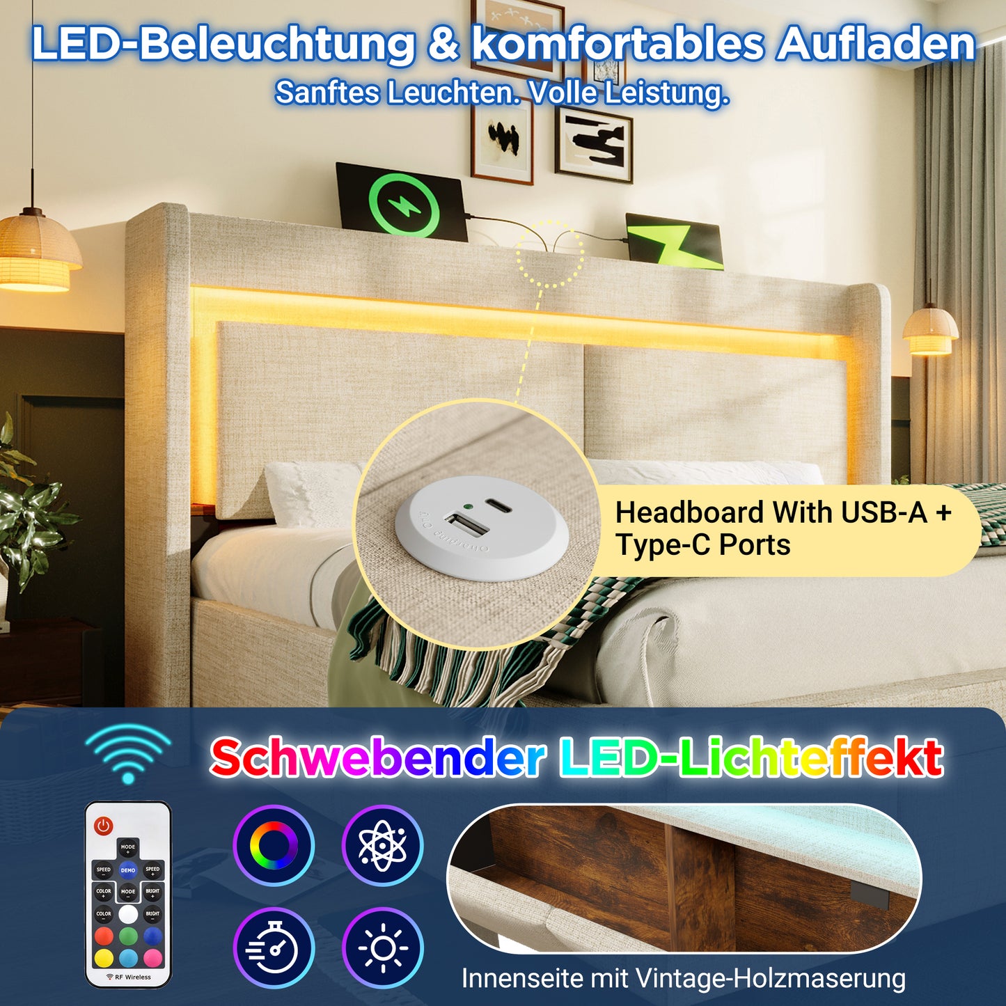 Upholstered Bed 160x200 Cm With Hydraulic Storage And Headboard With Storage Compartment, LED Lighting And USB & USB-C Port, Wooden Slatted Bed Frame, Beige, Linen, Without Mattress