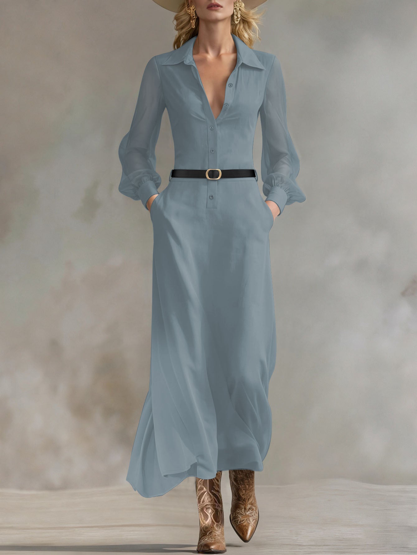 Women's Collared Neck Sheer Puff Sleeve Button Front Belted Maxi Shirt Dress Elegant Office Wear Maxi Dress