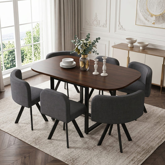 Dining Table And Chairs Set 6, Square Wooden Kitchen Dining Table  140x90   With 6 Chairs For Small Space Home Apartment Living Room, Linen Fabric, Metal Legs,Walnut-colored Table  Gray Chair