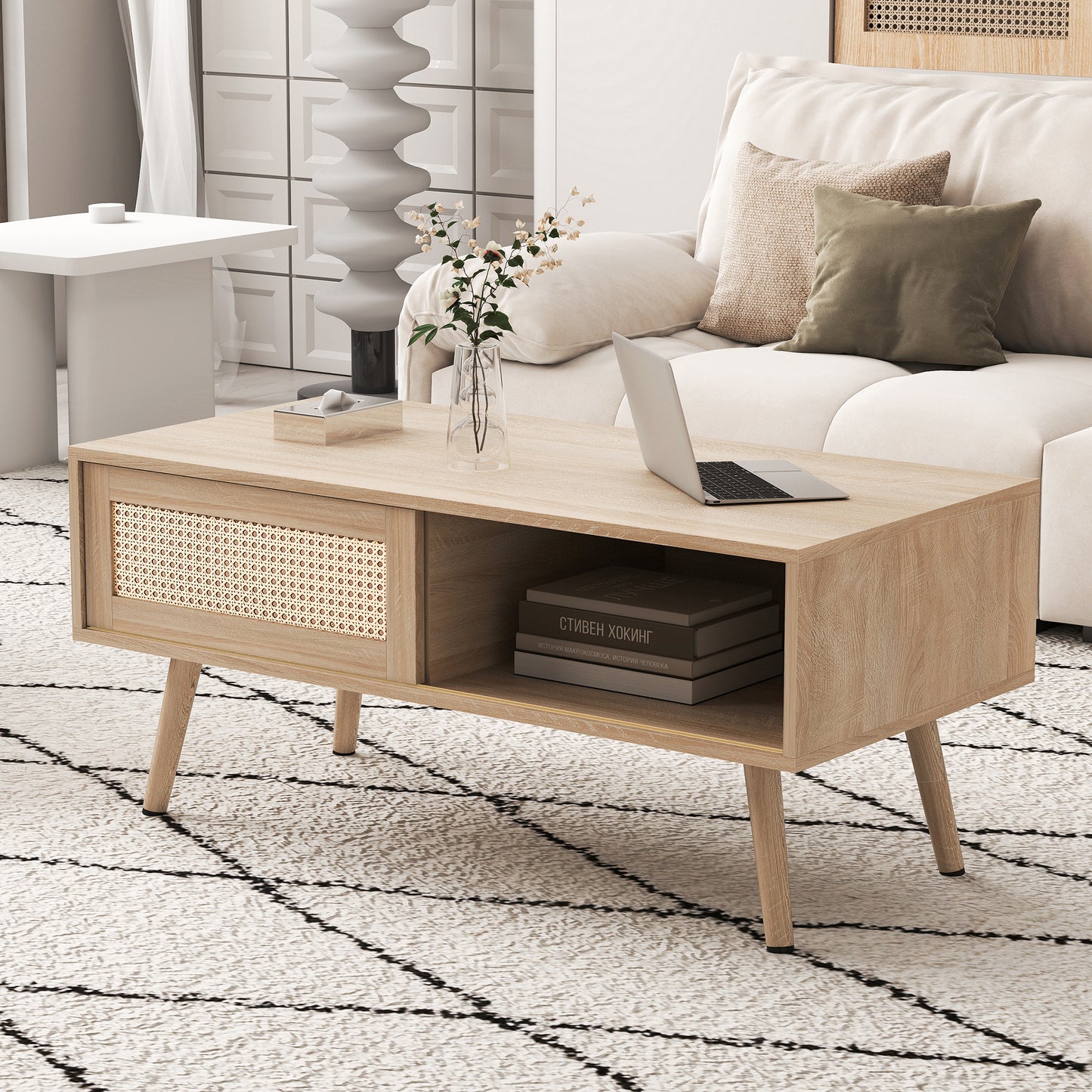 Wicker Coffee Table, Tea Table With Sliding Doors, Solid Wood Legs, Modern Living Room Table, Natural Color-H40 W1050 D55 Cm