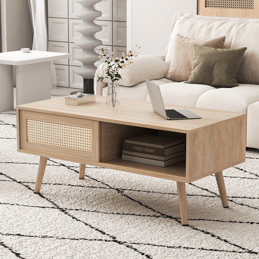 Wicker Coffee Table, Tea Table With Sliding Doors, Solid Wood Legs, Modern Living Room Table, Natural Color-H40 W1050 D55 Cm