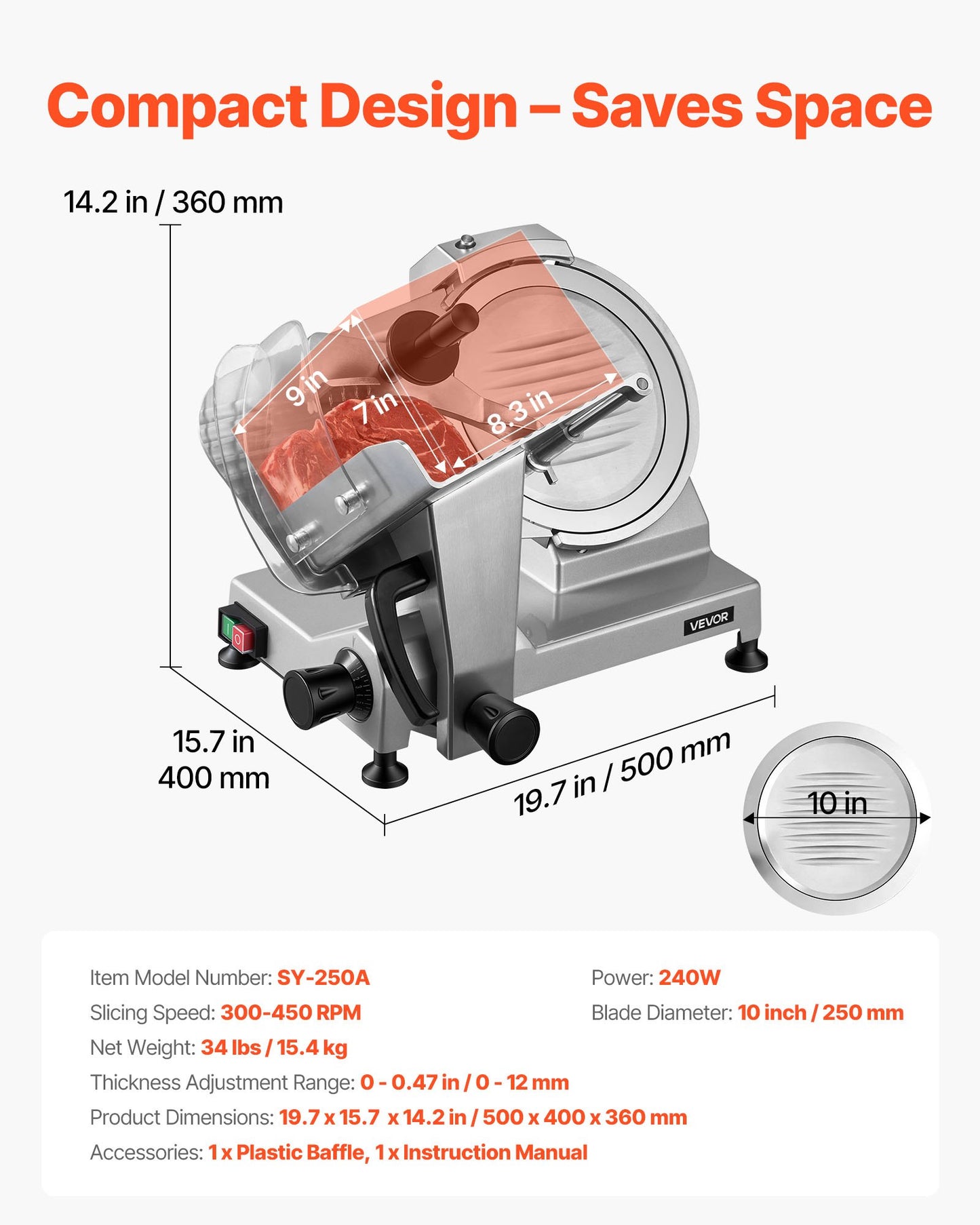 10" Commercial Meat Slicer, 240W Electric Deli Food Slicer With Carbon Steel Blade, Built-In Sharpener & 0-0.47" Adjustable Thickness For Frozen Meat, Ham, Baguett, Steak, UL Approved