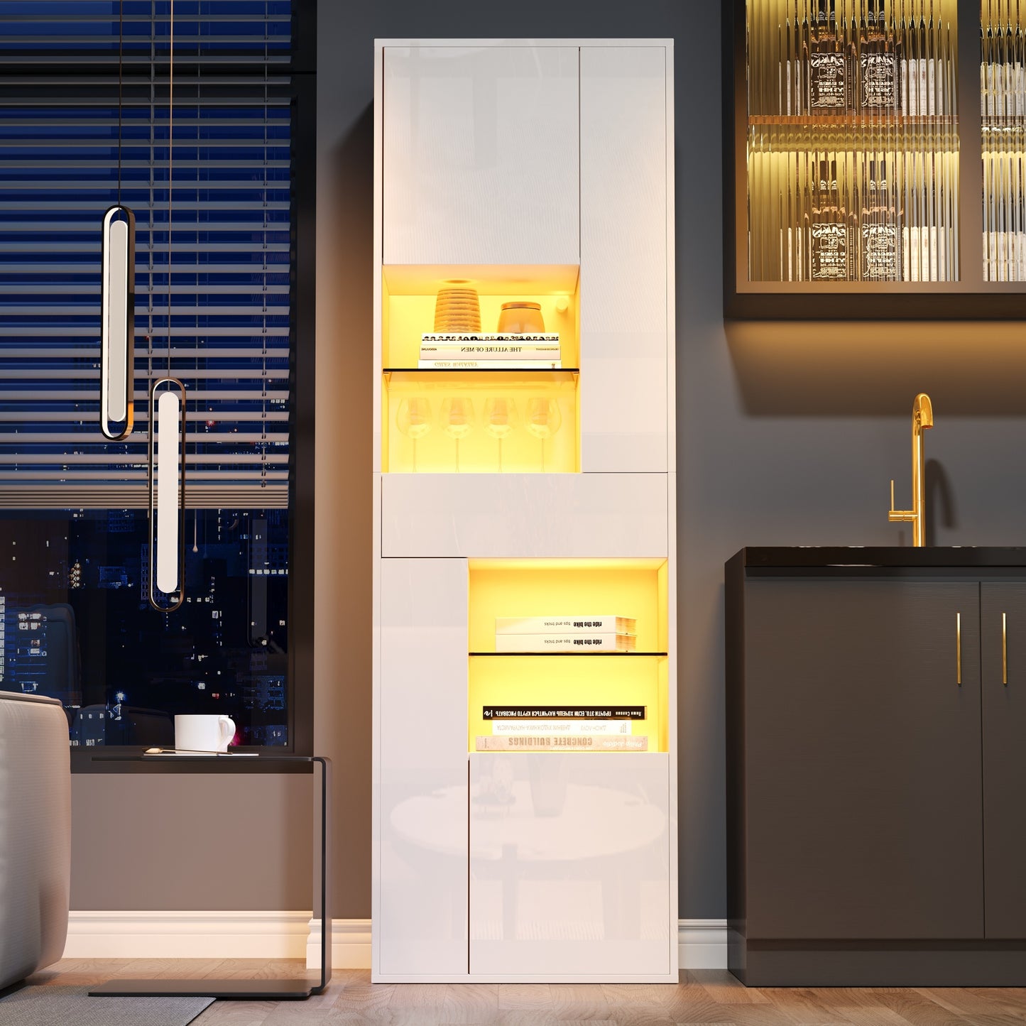 55x38x170cm Display Cabinet, Tall Cabinet With 1 Drawer And 4 Cabinets,Glass Display Cabinet Display Cabinets With LED Lighting, Display Cabinets With High Gloss Design,Living Room Cabinets, Display C