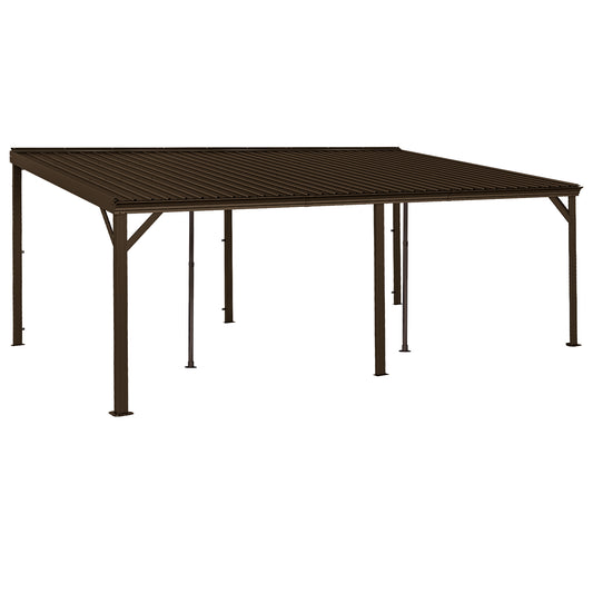 12x20FT Lean To Gazebo, Outdoor Hardtop Wall Mounted Gazebo With Sloping Galvanized Steel Roof, Upgraded Heavy Duty Mounted Shelter With Drainage System For Deck, Porch, Backyard,Brown