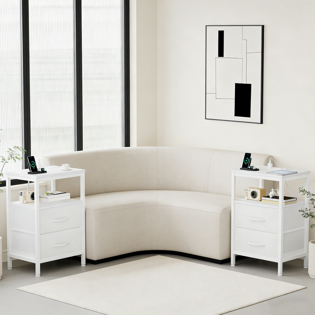 A Small Bedside Table With A Charging Station And Two Fabric Drawers, And A Side Bedside Table