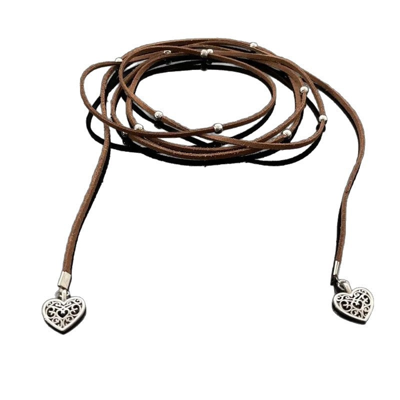 Yabi Accessories Bohemian Heart-Shaped Long Leather Rope Wrap Necklace