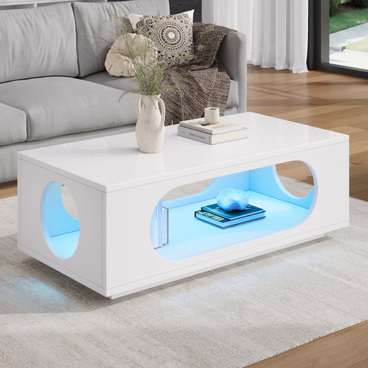Coffee Table With LED Lighting  App Control , 100x50x35cm, MDF Material, 30kg Load Capacity,High Gloss Openwork Coffee Table,Large Storage Side Table,Sofa Table,White