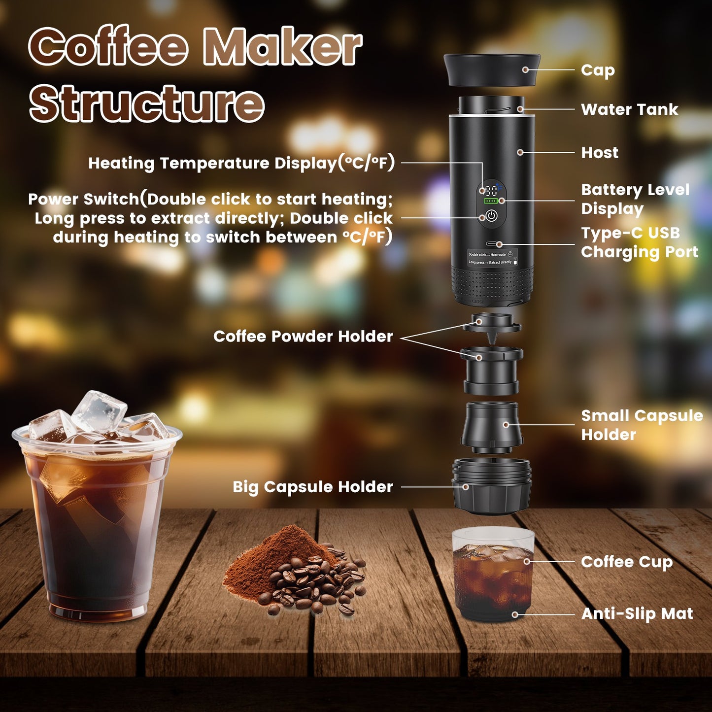 3 In 1 Portable Espresso Machine Cordless Mother Day Self Heating Coffee Maker With 7500mAh Battery Heating 20Bar Pressure Anti Dry Burn Fit For Ground Coffee Capsules For Camping Hiking RV Home