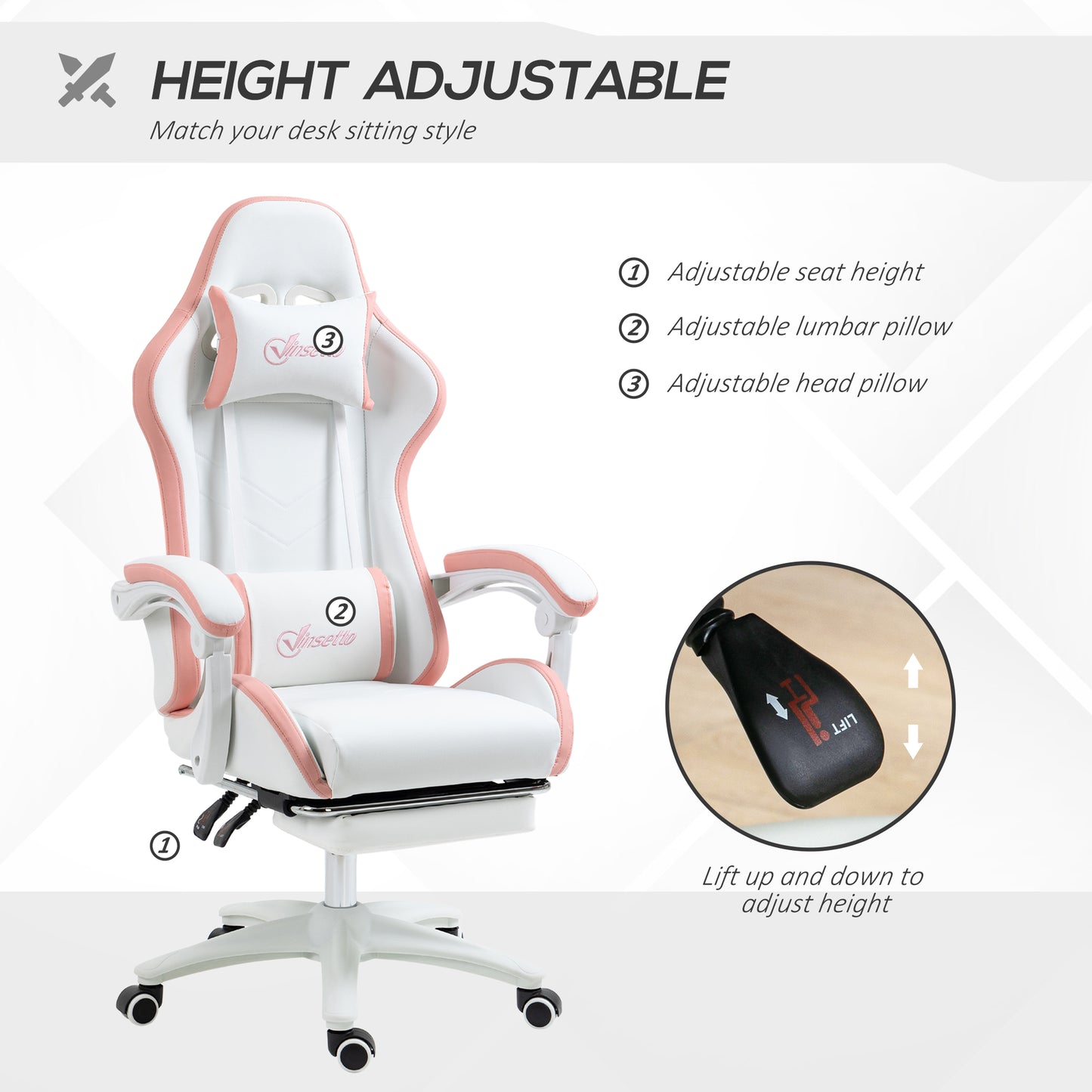 Vinsetto Computer Gaming Chair, PU Leather Office Desk Chair With Footrest, Swivel Wheels, 135° Reclining Back, Lumbar Support, Headrest For Home, White And Pink