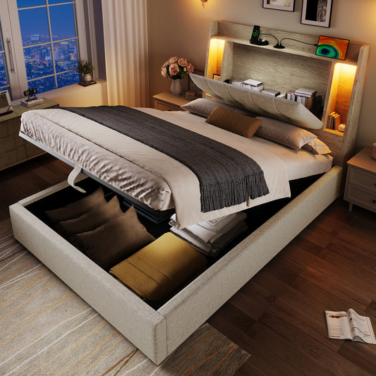 Upholstered Bed, 90x200 Cm, With USB Type-C Charging Function,Without Mattress,Flip-Top Storage Compartment, Multifunctional Storage, LED Lighting, Push-button Appdien,Linen, Beige