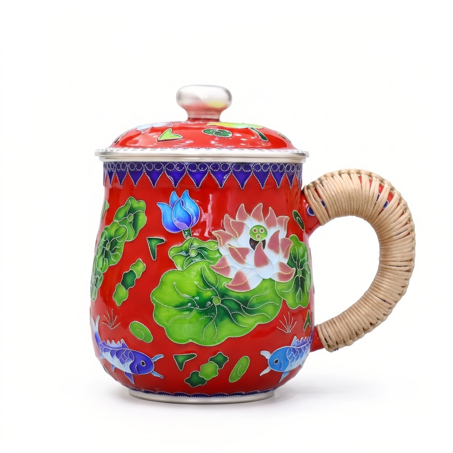 Pure 999 Fine Silver Elegant Red Enamel Cloisonné Tea Mug with Lotus Pond Motifs and Woven Handle - Handicraft