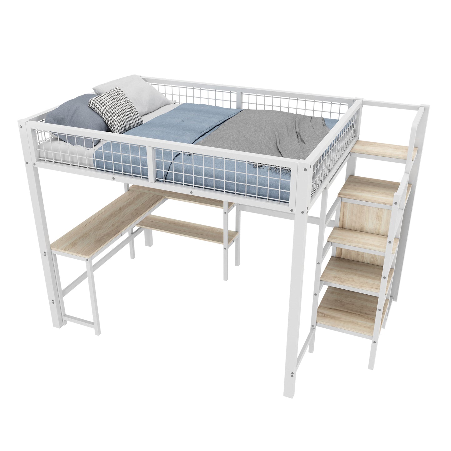 Loft Bed, 140x200 Cm, Iron Bed, Storage Ladder, Several Shelves, Without Mattress, Built-in Wardrobe, Desk, White