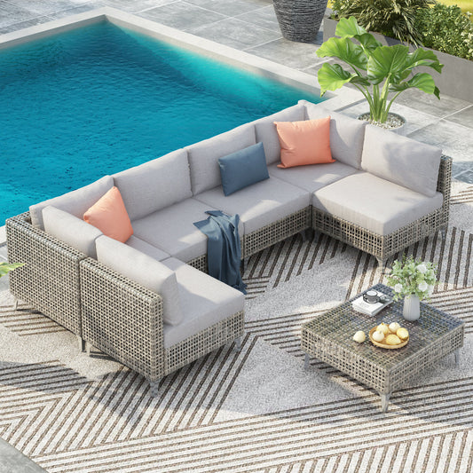 K&K 7-Piece Wicker Patio Furniture Set, Outdoor Conversation Set Sectional Sofa With Water Resistant Grey Thick Cushions And Coffee Table For Outdoor Couch, Porch, Backyard - Grey