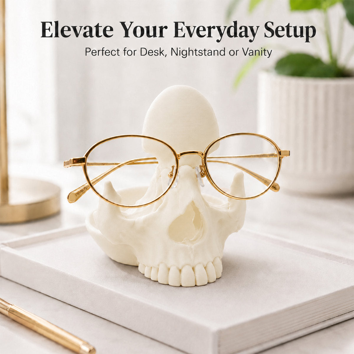 3D Printed Skull Eyeglass Holder With Storage Tray, Gothic Desktop Decor, Glasses Display Stand For Rings And Small Trinket