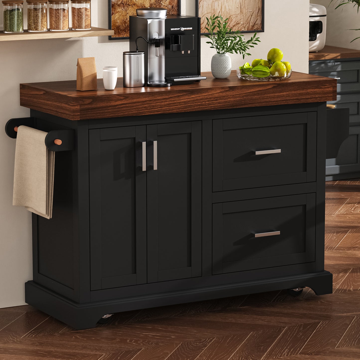K&K 53  Large Kitchen Island With 3.5  Thick Desktop, Spice And Towel Racks, Rolling Kitchen Island With Storage On 5 Wheels, 2 Extra Large Drawers, For Home, Kitchen, Dining Room, Black