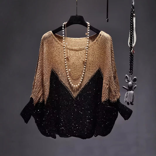 New Style Hip-covering Relaxed-fit Knitted Bottoming Top Color-block Fashion Top