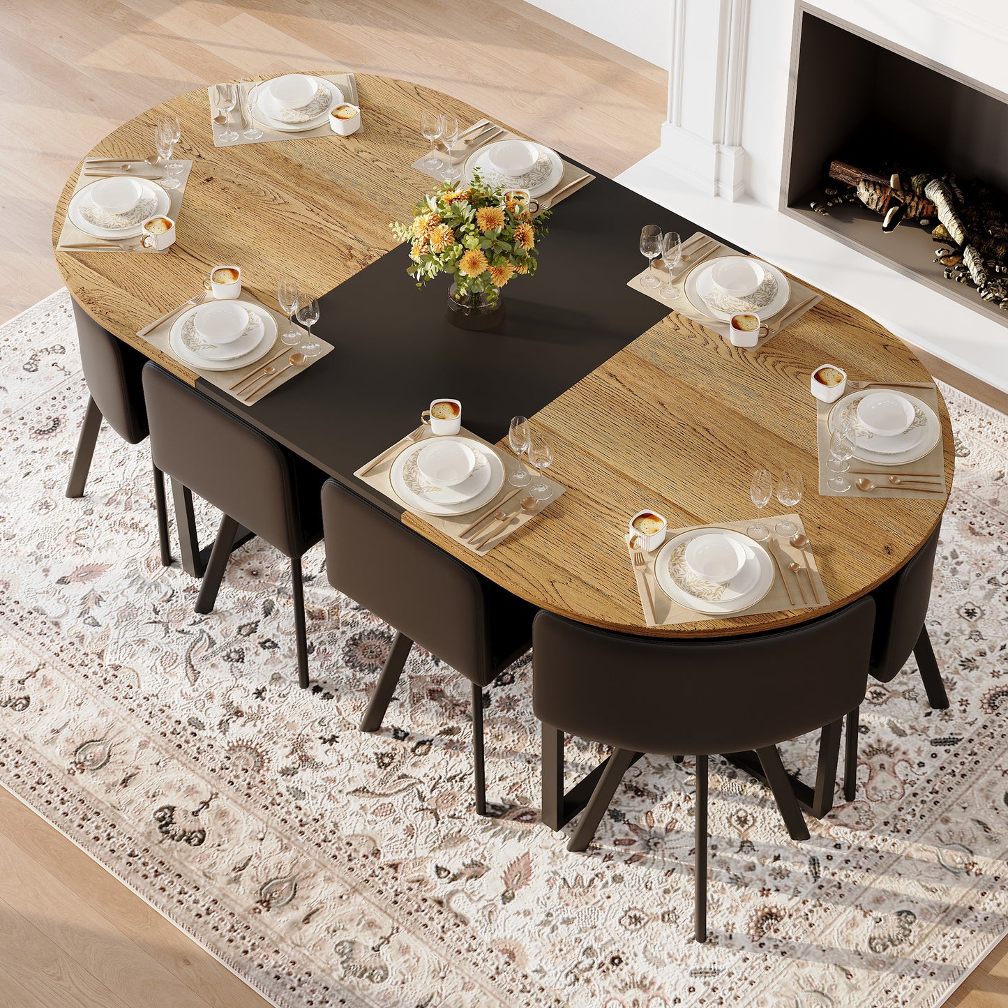 9-Piece Oval Dining Table Set, Fixed Two-Tone Wood Grain & Black Wood Grain Triamine Tabletop With 8 Black PU Leather Chairs, Modern Kitchen Table Set For 8 People, Ideal For Family Gatherings