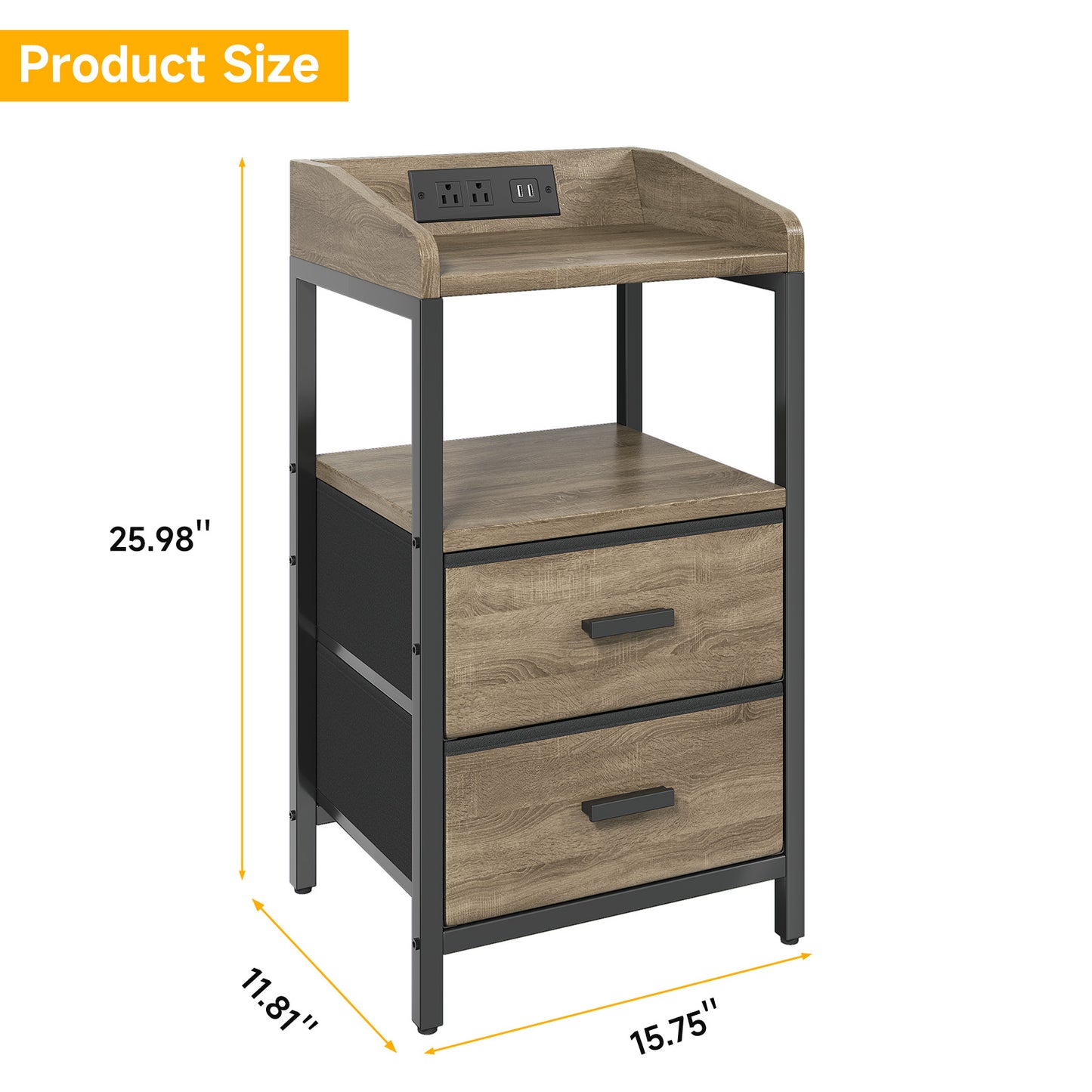 Nightstand With Charging Station Modern Bedside End Side Table With Guardrail Storage Shelf 2 Fabric Drawers USB Ports AC Outlets
