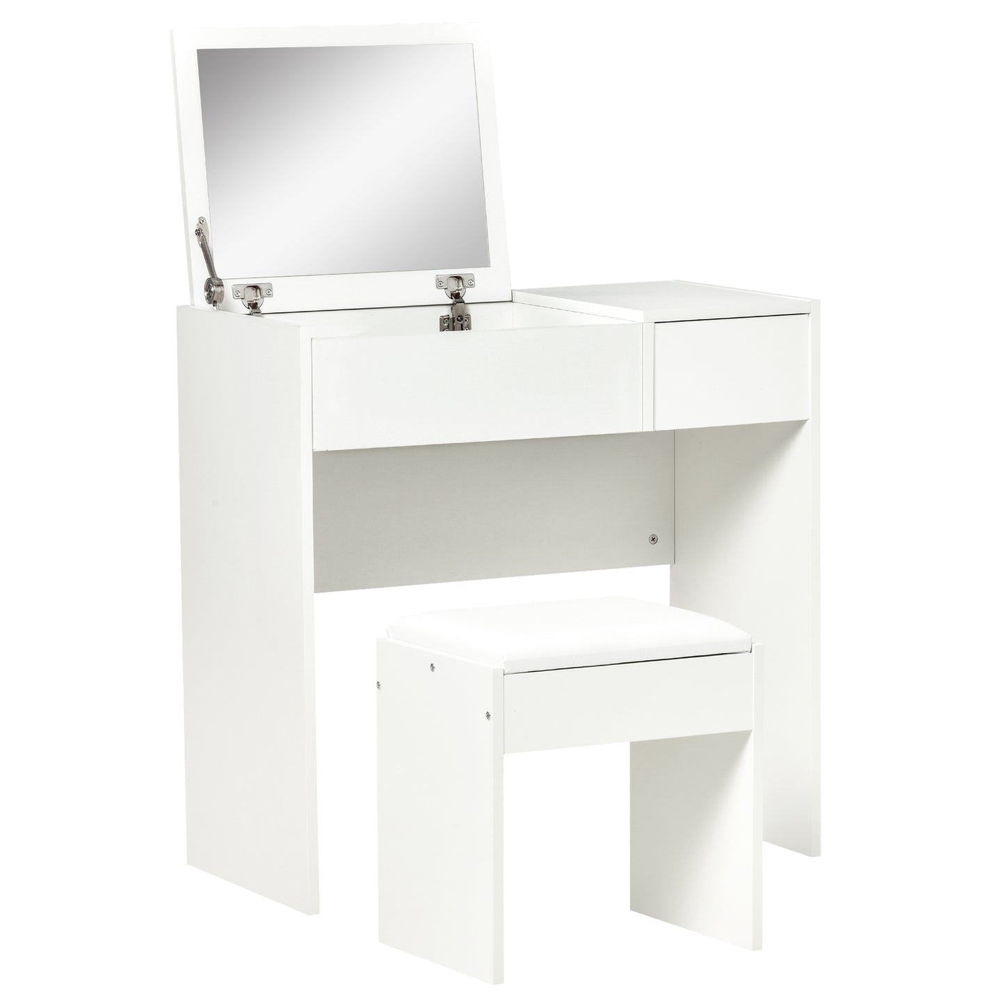 Makeup Desk With Drawer, Vanity Table Set With Flip-up Mirror And Cushioned Stool, White