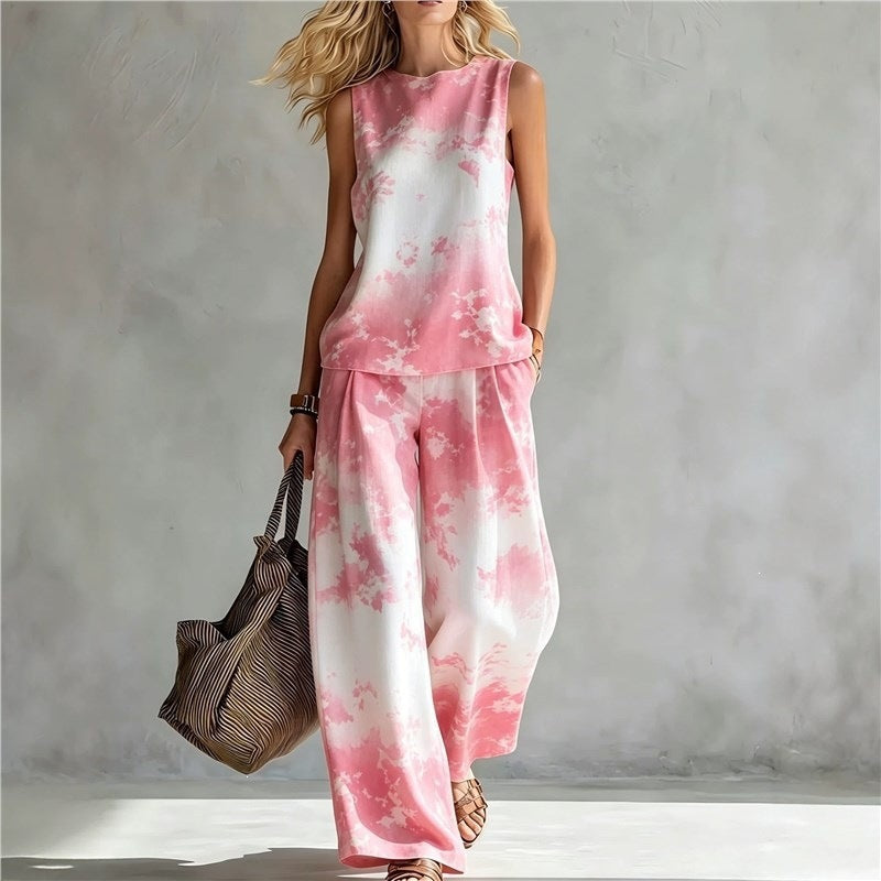 New-style Rainbow Tie-dye Sleeveless Crew-neck Top And Wide-leg Pants Womens Casual Two-piece Set