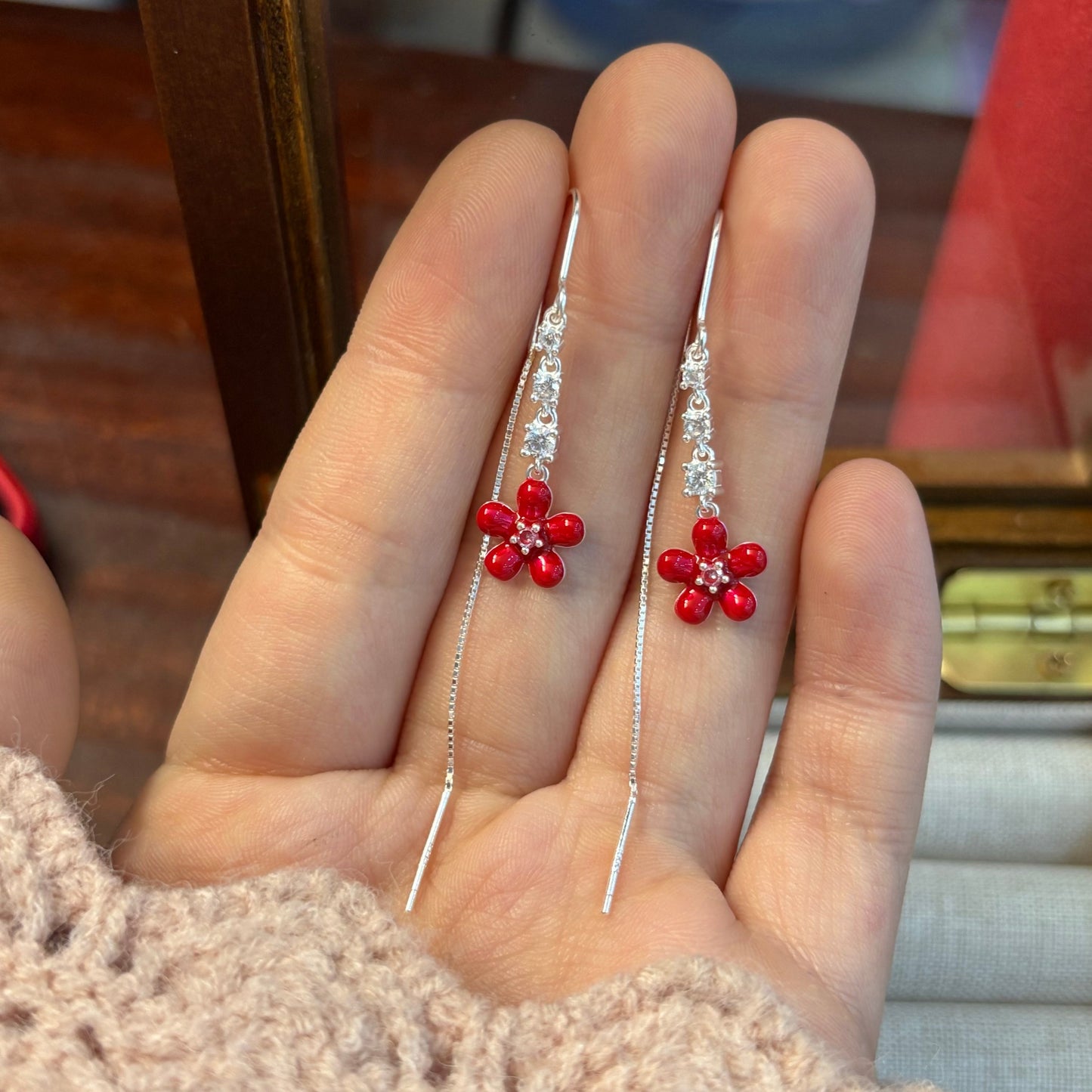 1 Pair 999 Sterling Silver Red Flower Zircon Long Threader Earrings, Sweet & Elegant, Perfect For Daily, Dating & Gifting, Ideal Valentine's Gift
