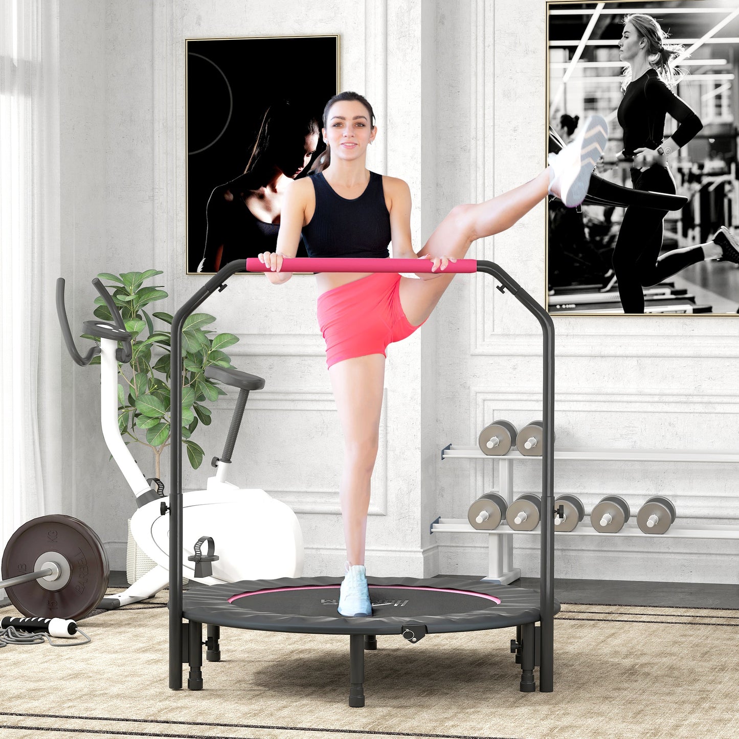 48" Foldable Mini Fitness Trampoline, With Adjustable Foam Handle, Pink