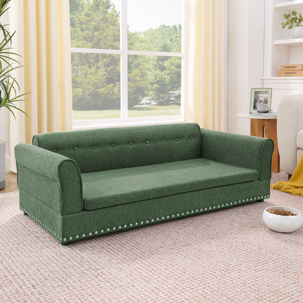 Oversized Pet Sofa ,Elegant Modern Linen Fabric Elevated Dog Sofa Bed, Comfortable Oversized Rectangular Pet Bed With Backrest & Armrest For Large & Oversized Dogs-Olive Green