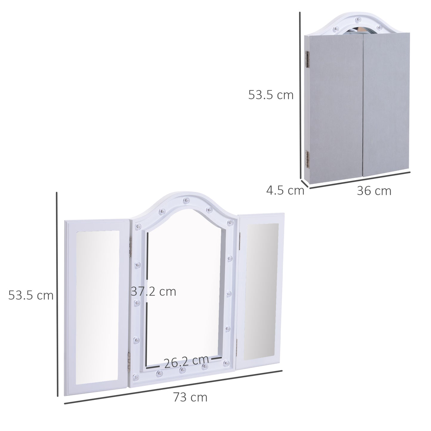 Trifold Tabletop Mirror, 73x53.5cm Makeup Mirror Large Cosmetic W/16 LED Lights Powered By Batteries, Foldable For Bedroom, White
