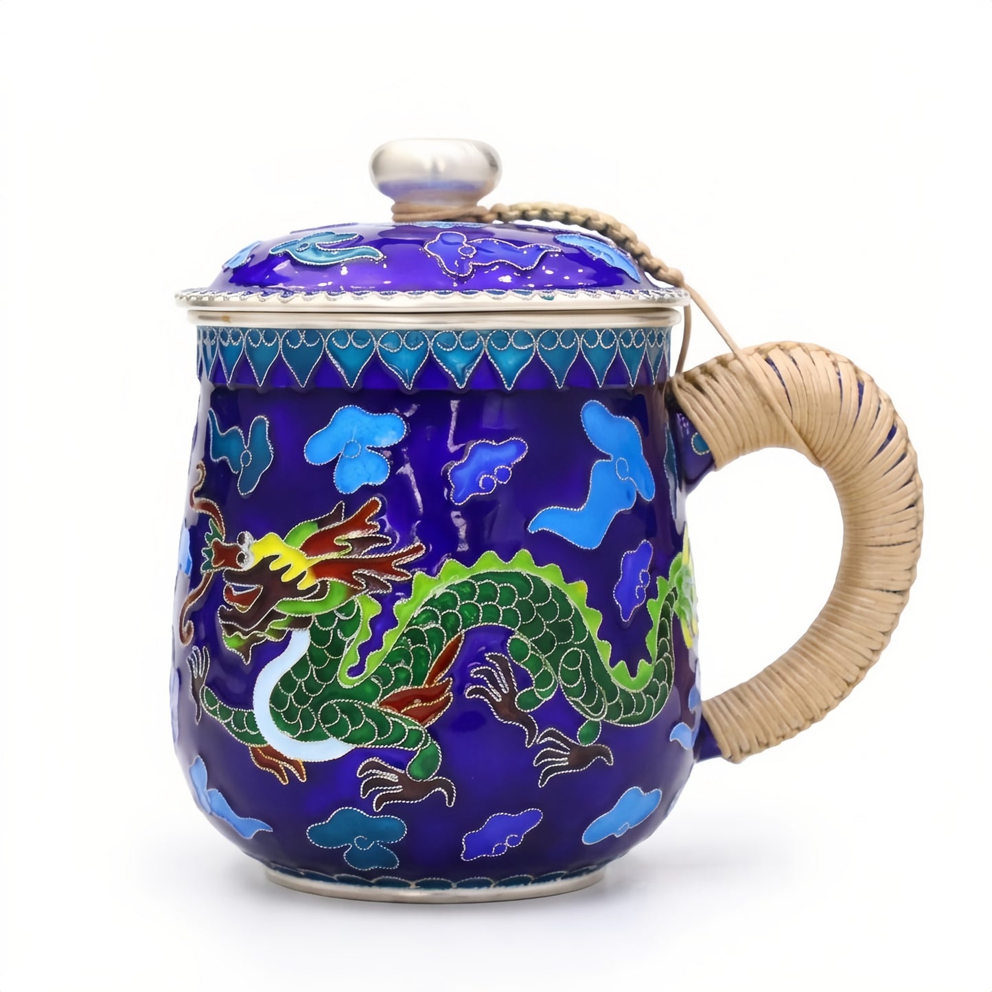 Pure 999 Fine Silver Vibrant Blue Cloisonné Dragon Tea Mug with Wicker Handle and Matching Lid - Handicraft