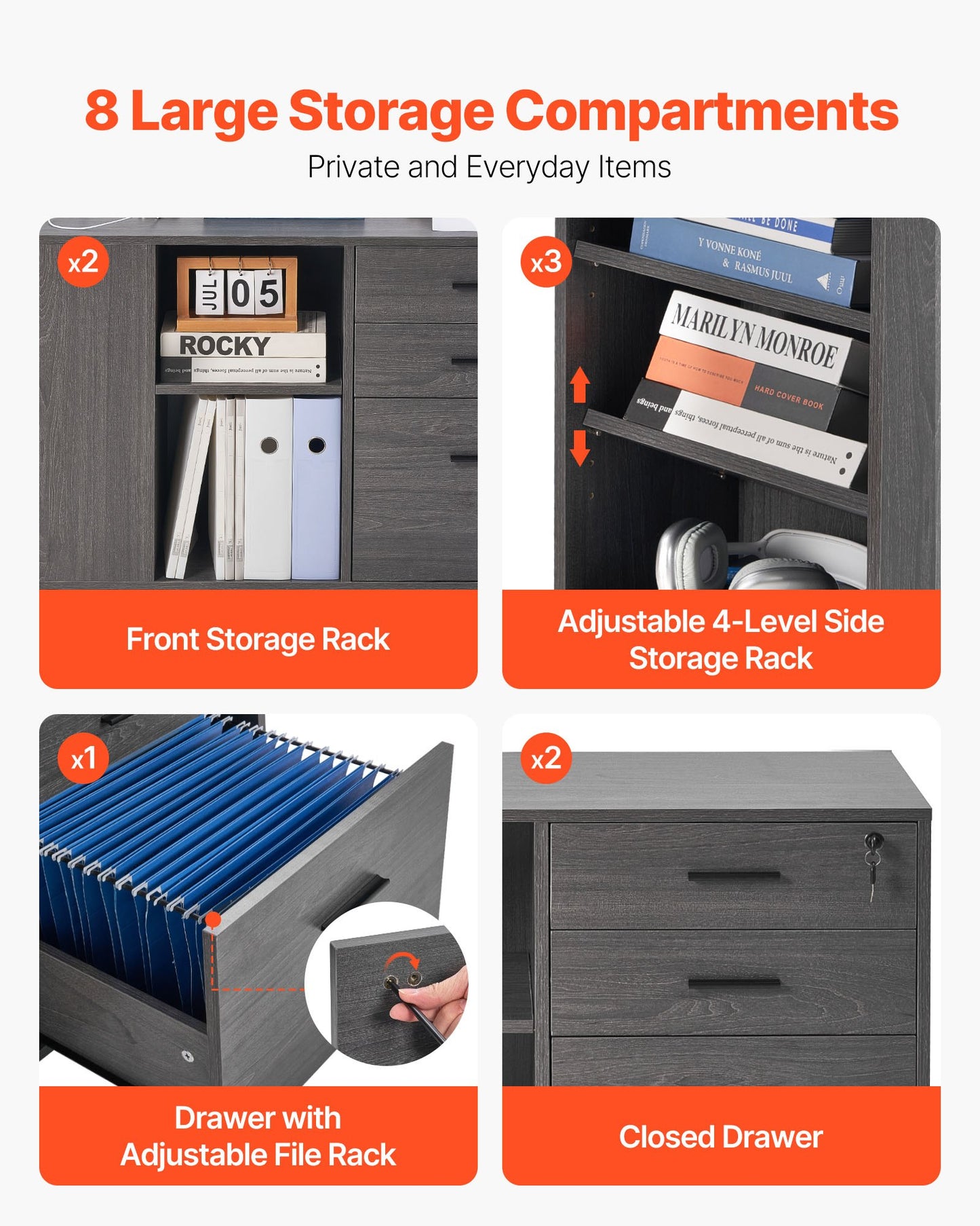 3 Drawer Wooden File Cabinet Mobile Filing Cabinet With Power Strip Gray