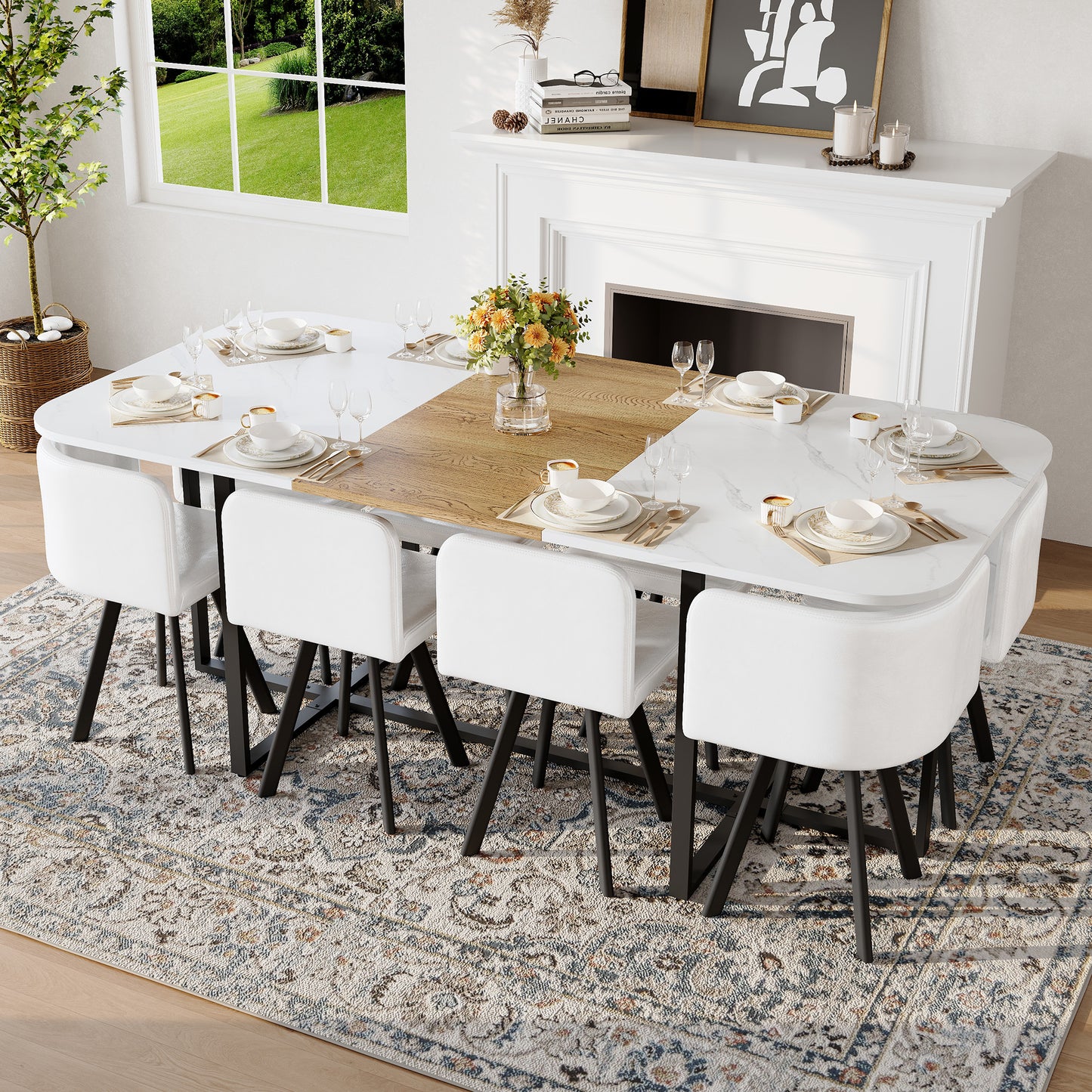 9-Piece Square Dining Table Set, Fixed White Faux Marble & Wood Grain Triamine Tabletop With 8 White Faux Leather Chairs, Modern Kitchen Table Set For 8 People, Ideal For Family Gatherings