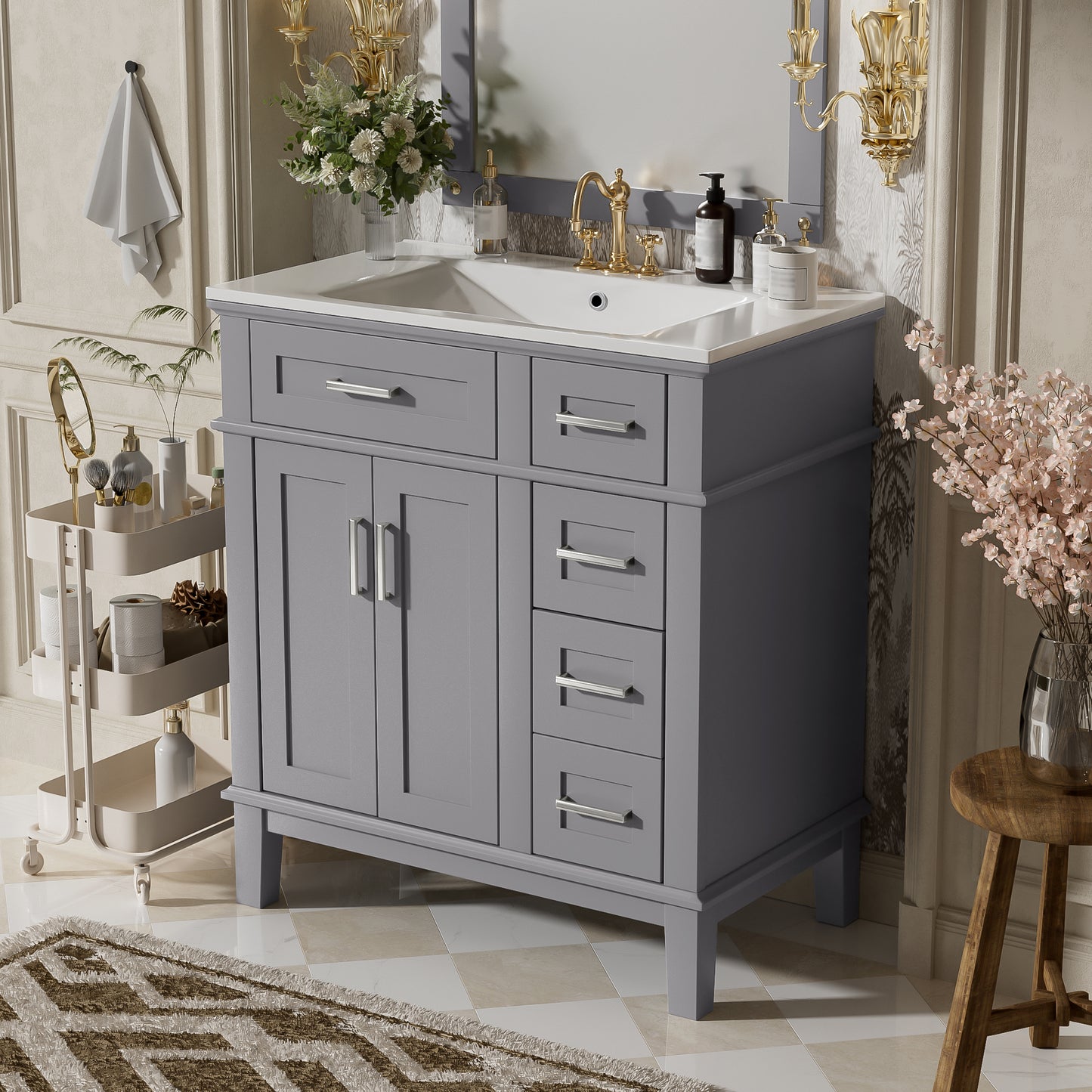 30  Bathroom Vanity With Ceramic Sink, Modern Storage Cabinet With Soft-Close Doors, Deep Drawer & Standard Drawer, Stylish Bath Vanity For Small Bathrooms