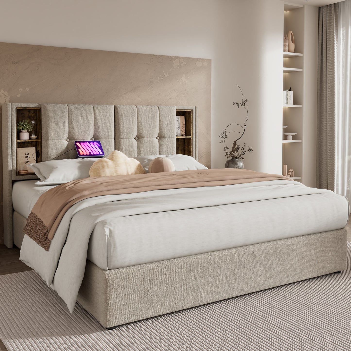 Double Bed With Wireless Charging USB C, Upholstered Bed Bed Frame 160x200cm, Bed Frame With Storage Slatted Base Made Of Wood-natural Linen