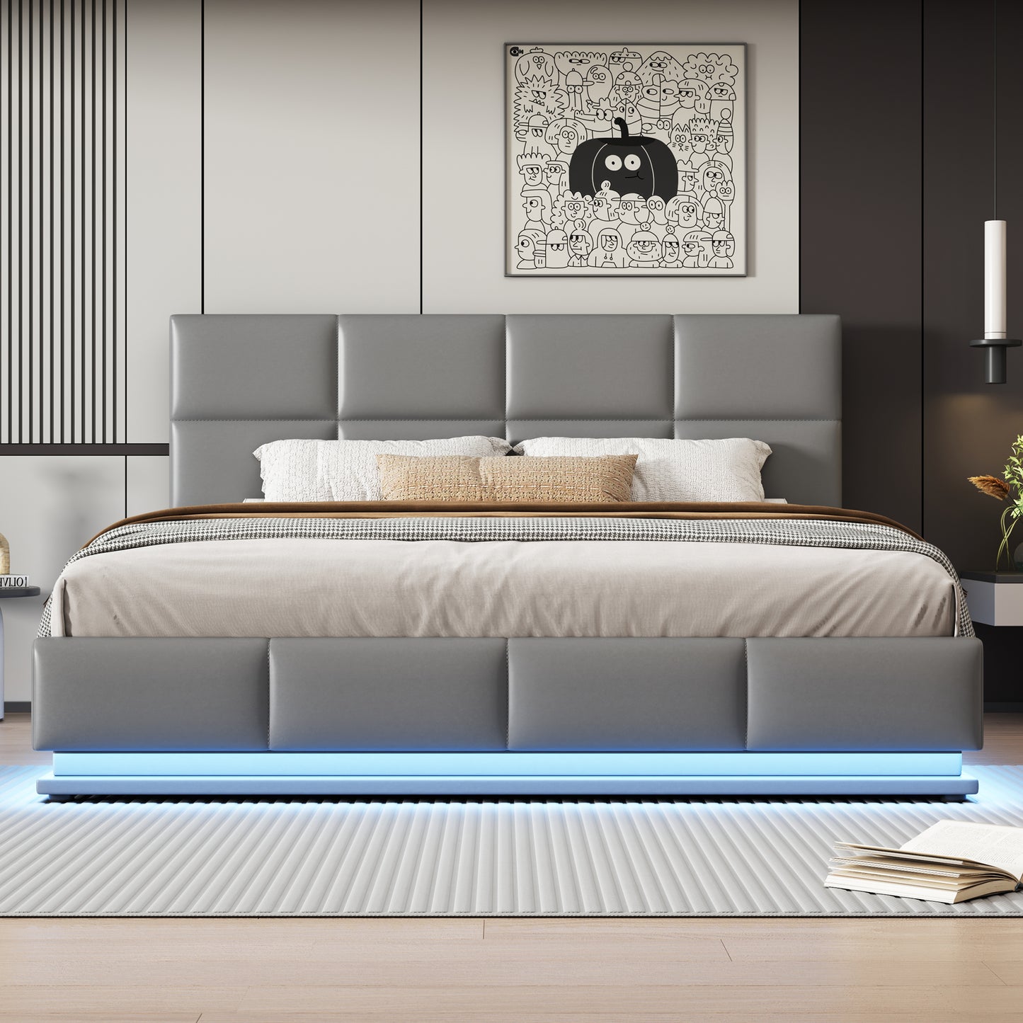 Upholstered Bed 180x200 Cm With LED Lighting & Hydraulically Liftable Bed Storage Space, Bed Base & Slatted Frame Cover Made Of  Leather Double Bed  Youth Bed Light Grey