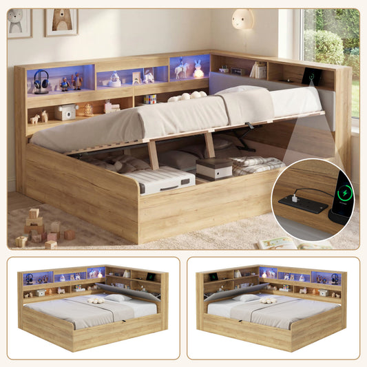 Daybed, Hydraulic Storage Bed, Children's Bed   135x190 Cm  , Wooden Bed, Youth Bed, With USB Charging Station And LED Lighting, Natural Color