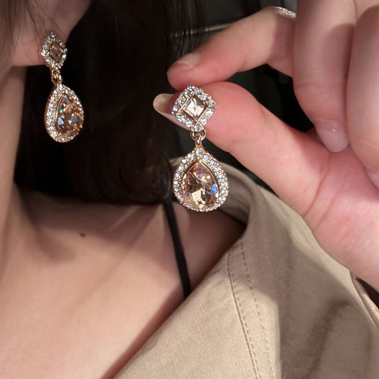 S925 Silver Super Sparkling Paved Rhinestone Teardrop Earrings For Women, Korean Personalized Versatile Drop Earrings, European American Exaggerated Stud & Clip On Ear Jewelry