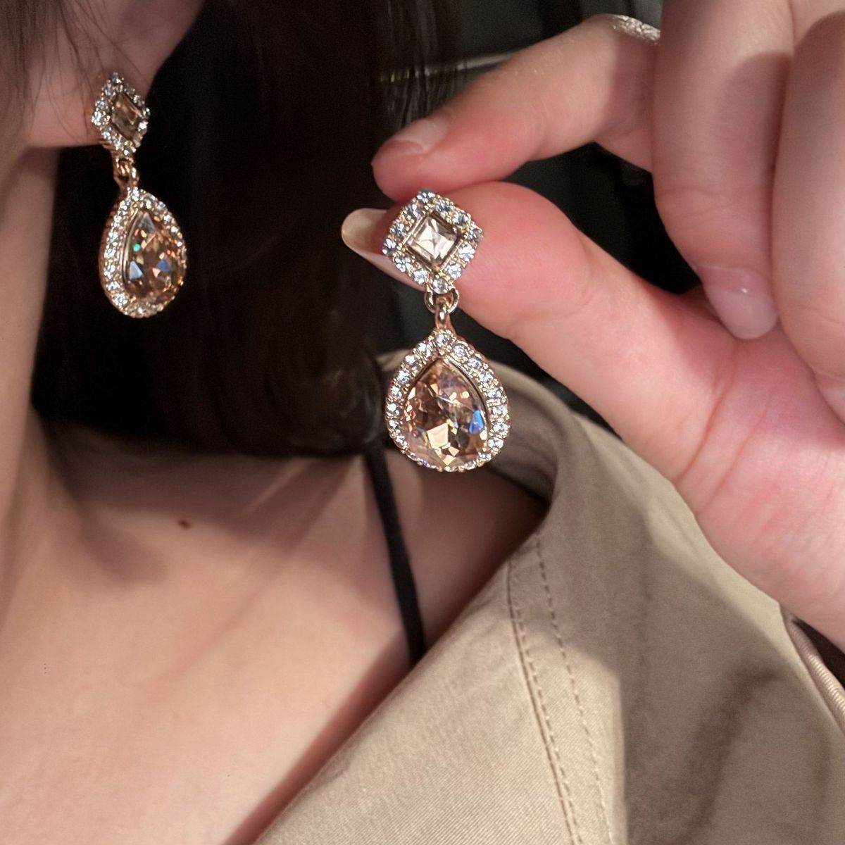 S925 Silver Super Sparkling Paved Rhinestone Teardrop Earrings For Women, Korean Personalized Versatile Drop Earrings, European American Exaggerated Stud & Clip On Ear Jewelry