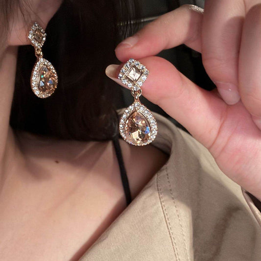 S925 Silver Super Sparkling Paved Rhinestone Teardrop Earrings For Women, Korean Personalized Versatile Drop Earrings, European American Exaggerated Stud & Clip On Ear Jewelry