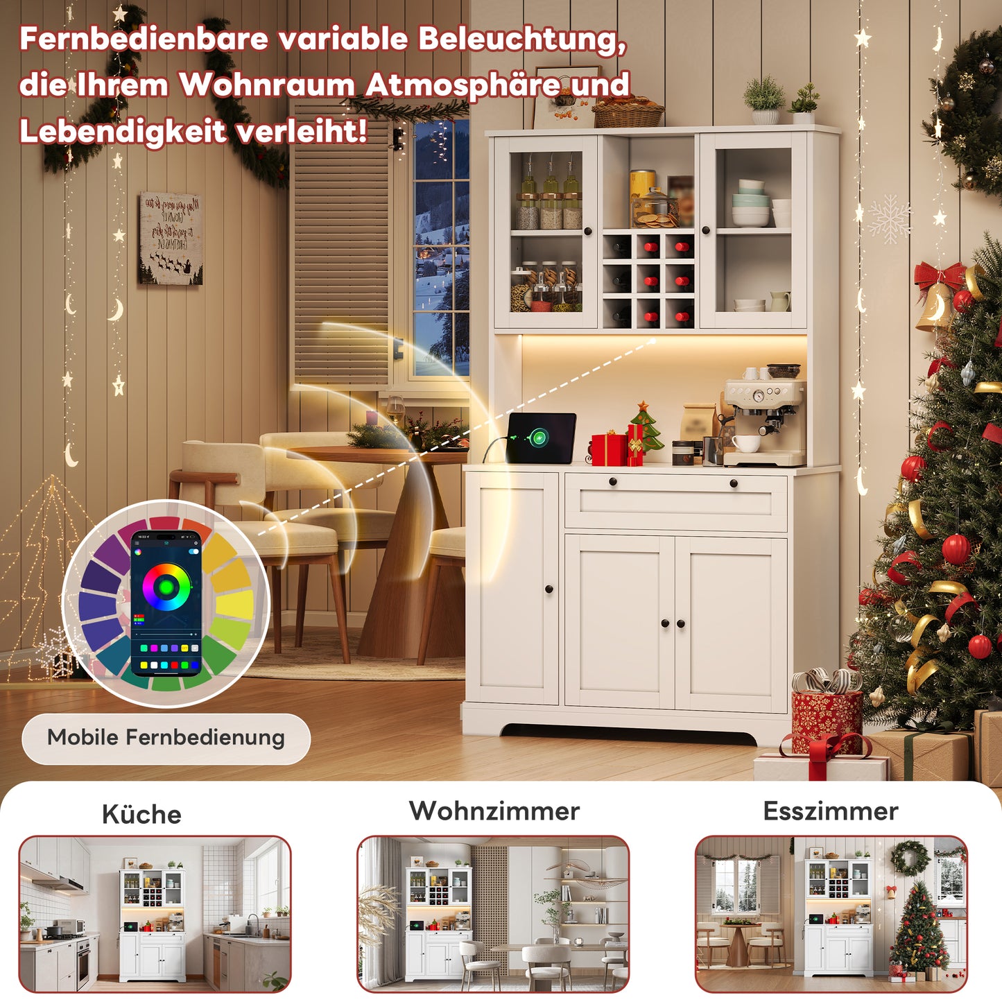 Kitchen Cabinet, Tall Cabinet, Storage Cabinet, Display Cabinet With Door, Integrated Spice Rack, Adjustable Shelves, With Color-changing LED Lighting And Socket, 180 X105 X 40 Cm