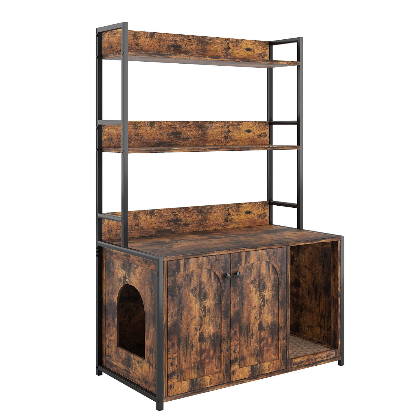 Large Cat Litter Box Enclosure With Storage Shelf, Hidden Cat Washroom Furniture, Wooden Cat House With Scratch Pad, Sturdy Indoor Pet Cabinet With 2 Doors For Odor Control, Brown