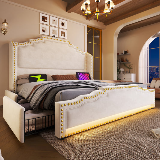 Upholstered Bed 140x200, Double Bed With 4 Drawers, LED Lighting And USB-C Charging Port, Storage Bed And Youth Bed With Slatted Base, Velvet, Beige, Without Mattress