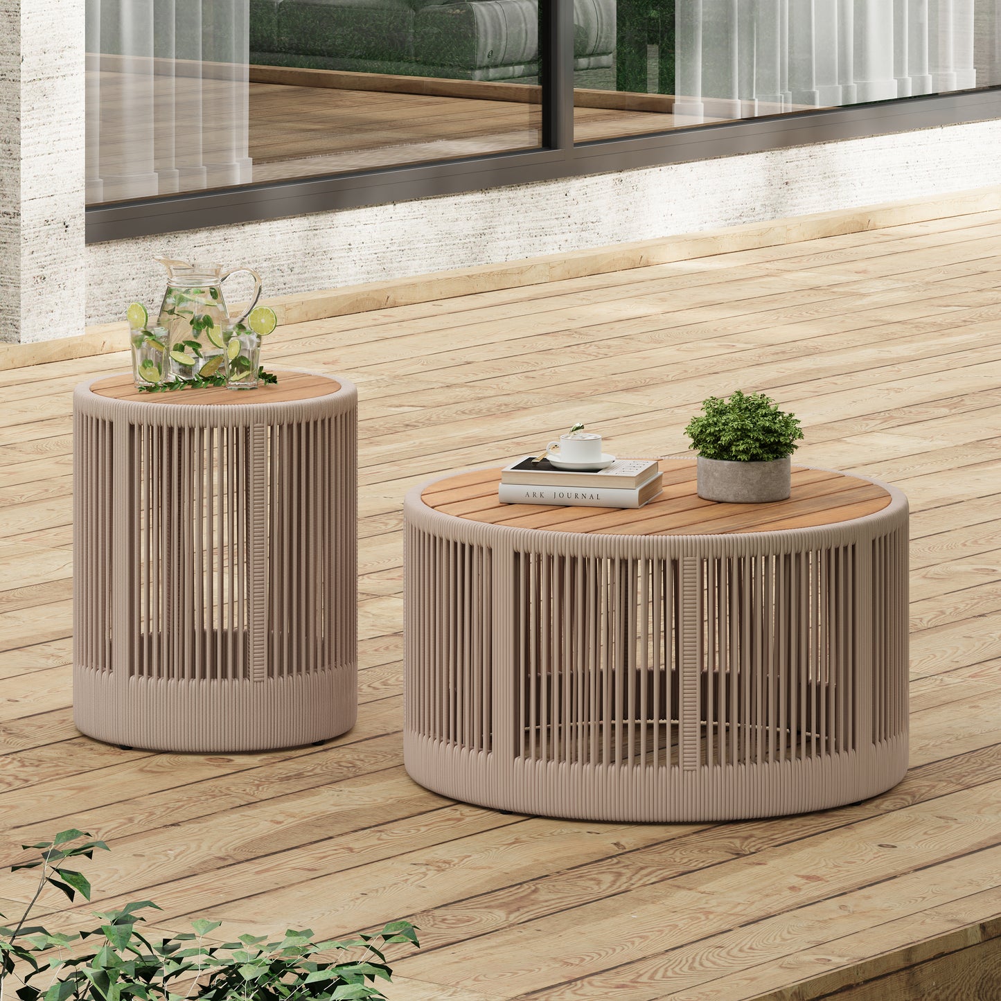 Rustic Industrial Table Set,Coffee Table & Side Table With Woven Rope Design, Modern Functionality Stylish Table Set For Living Room And Home Decor-Rope Beige