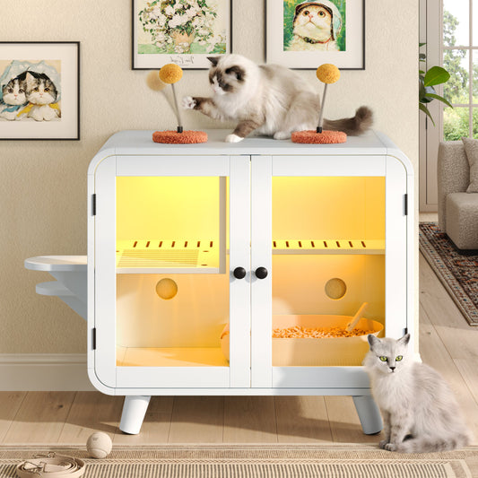 Cat Hidden Litter Box Enclosure With RGB LED Light, Cat House With Stairs And Cat Pom-pom Toys For Fun, Cat Washroom Cabinet With Litter Leak Walkway And Glass Doors For Better View,White