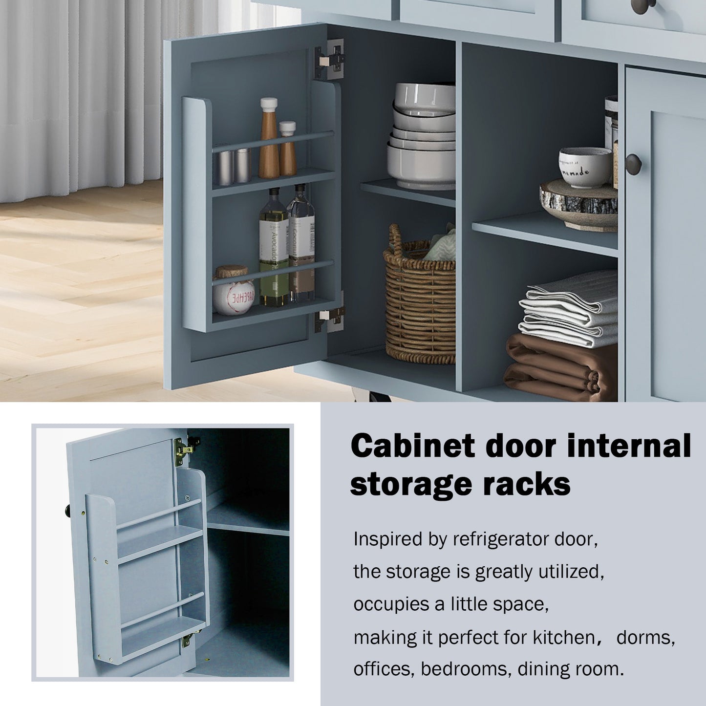 Kitchen Cart With Rubber Wood Drop-Leaf Countertop ,Cabinet Door Internal Storage Racks,Kitchen Island On 5 Wheels With Storage Cabinet And 3 Drawers For Dinning Room, Grey Blue